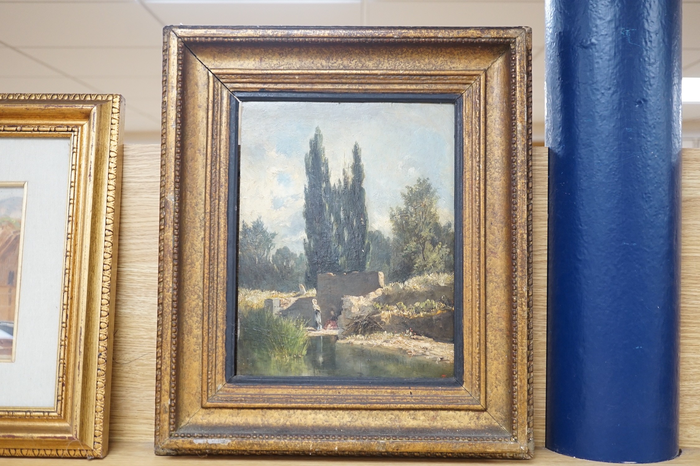 19th century Italian School, oil on wooden panel, River landscape with standing figure, monogrammed JT, 30 x 23cm
